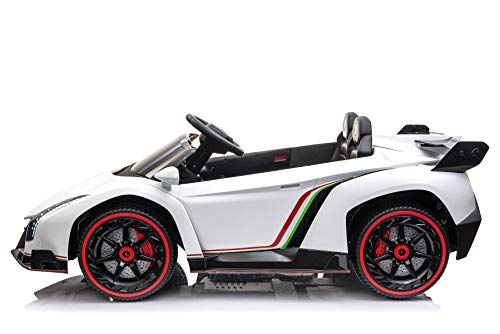 Coche eléctrico Lamborghini Veneno con licencia, 12 V 10 Ah, 4 motores de 2,4 GHz, mando a distancia, MP3, asiento de piel + EVA + 4 plazas, color blanco