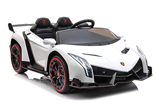 Coche eléctrico Lamborghini Veneno con licencia, 12 V 10 Ah, 4 motores de 2,4 GHz, mando a distancia, MP3, asiento de piel + EVA + 4 plazas, color blanco