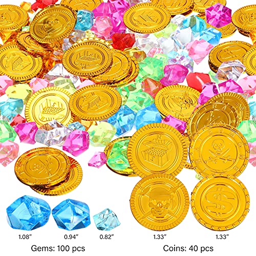 Cofre de Tesoro de Pirata Caja de Juguete con Cerradura y 1 Mapa del Tesoro 100 Gemas de Colores 40 Monedas de Piratas 4 Aretes 2 Collares de Esqueleto para Fiesta Temática Pirata