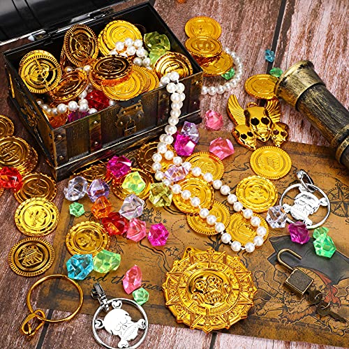 Cofre de Tesoro de Pirata Caja de Juguete con Cerradura y 1 Mapa del Tesoro 100 Gemas de Colores 40 Monedas de Piratas 4 Aretes 2 Collares de Esqueleto para Fiesta Temática Pirata