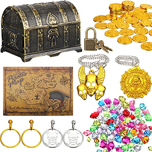 Cofre de Tesoro de Pirata Caja de Juguete con Cerradura y 1 Mapa del Tesoro 100 Gemas de Colores 40 Monedas de Piratas 4 Aretes 2 Collares de Esqueleto para Fiesta Temática Pirata