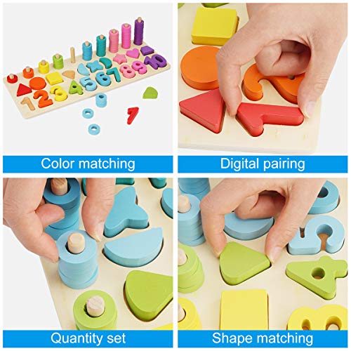 Colmanda Puzzles de Madera, Montessori Tablero de Conteo Aprender a Contar Anillos Juego de Clasificador de Forma Números Rompecabezas Juguete Educativo para Niños (A)