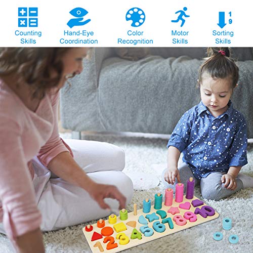 Colmanda Puzzles de Madera, Montessori Tablero de Conteo Aprender a Contar Anillos Juego de Clasificador de Forma Números Rompecabezas Juguete Educativo para Niños (A)