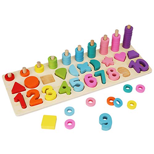 Colmanda Puzzles de Madera, Montessori Tablero de Conteo Aprender a Contar Anillos Juego de Clasificador de Forma Números Rompecabezas Juguete Educativo para Niños (A)