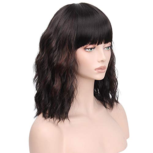 colorful panda Peluca Negro con Reflejos Marrones Corto Ondulada Bob Brasileña Pelucas con Flequillo para Mujer, Color Negro Natural Rizado Pelo Sintéticas Afro para Cosplay Disfraz Black Wig 14"