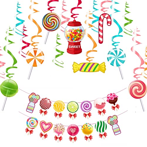 Colorido juego de decoración para fiestas de caramelos, piruleta, juego de remolinos y banderines colgantes Candyland Party para niñas, cumpleaños, eventos, tienda de dulces suministros para fiestas