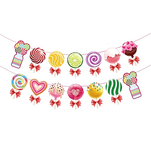 Colorido juego de decoración para fiestas de caramelos, piruleta, juego de remolinos y banderines colgantes Candyland Party para niñas, cumpleaños, eventos, tienda de dulces suministros para fiestas