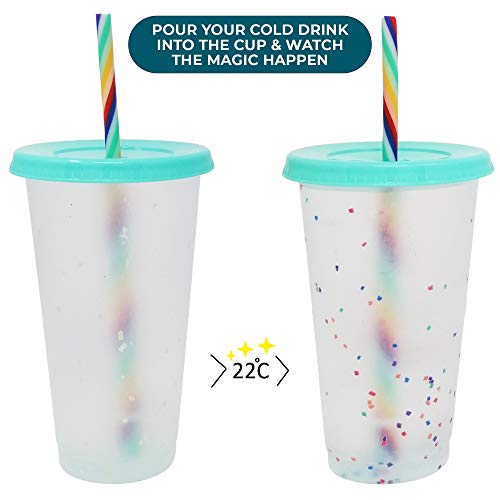 Confetti Vasos de plástico reutilizables que cambian de color con tapas y pajitas, juego de 5 (confeti)