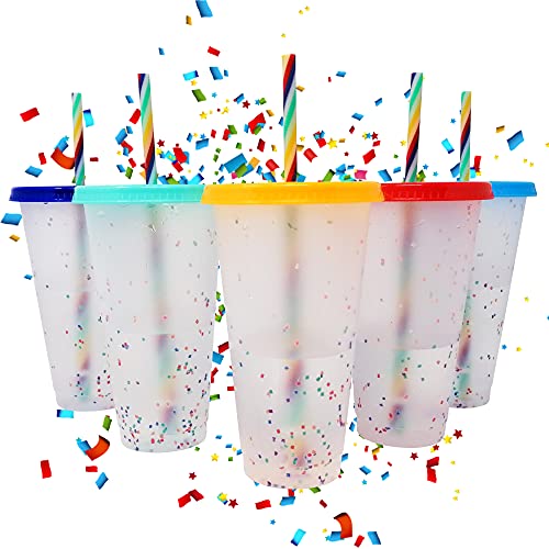 Confetti Vasos de plástico reutilizables que cambian de color con tapas y pajitas, juego de 5 (confeti)