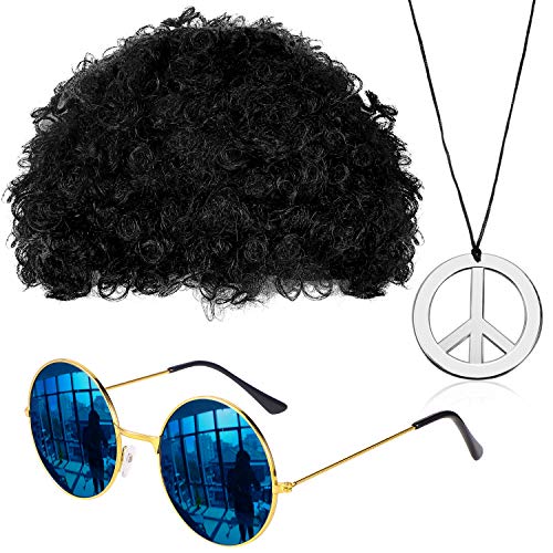 Conjunto de Disfraces de Hippies Peluca Afro de Moda Gafas de Sol Collar de Signo de Paz para Fiesta Temática de los Años 50/ 60/ 70 (Negro)