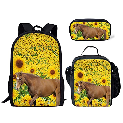 Conjunto de Tres Piezas de Bolso de Escuela Primaria,Mochilas Escolares,Bolsa de Almuerzo, Caja de lápices,Mochila Escolar,Girasol, Caballo, Tierras de Cultivo