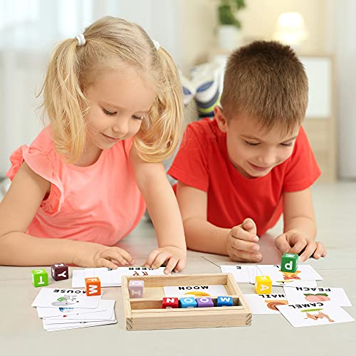 Coogam Bloques de Color Juegos de ortografía, Juguete de Madera con Letras a Juego con Palabras, Tarjetas Flash, Alfabeto ABC, Aprendizaje Educativo, Rompecabezas Montessori, Regalo para niños