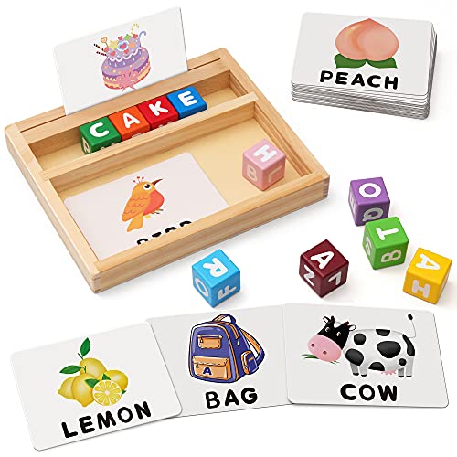 Coogam Bloques de Color Juegos de ortografía, Juguete de Madera con Letras a Juego con Palabras, Tarjetas Flash, Alfabeto ABC, Aprendizaje Educativo, Rompecabezas Montessori, Regalo para niños