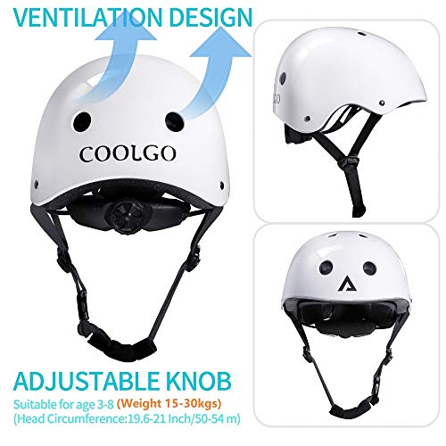 COOLGO Juego de casco y almohadilla para niños de 3 a 8 años, monopatín ajustable, rodilleras, coderas, muñequeras, para patinaje en línea, ciclismo, color rosa (blanco)