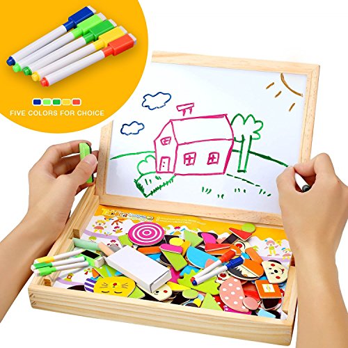 COOLJOY Puzzles Rompecabezas Magnéticos de Madera Juguete Educativo Tablero de Dibujo de Doble Cara para Niños Niña 3 Años 4 Años 5 Años - Acerca de 100 Piezas (Granja)