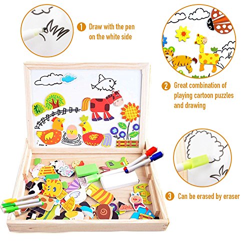 COOLJOY Puzzles Rompecabezas Magnéticos de Madera Juguete Educativo Tablero de Dibujo de Doble Cara para Niños Niña 3 Años 4 Años 5 Años - Acerca de 100 Piezas (Granja)