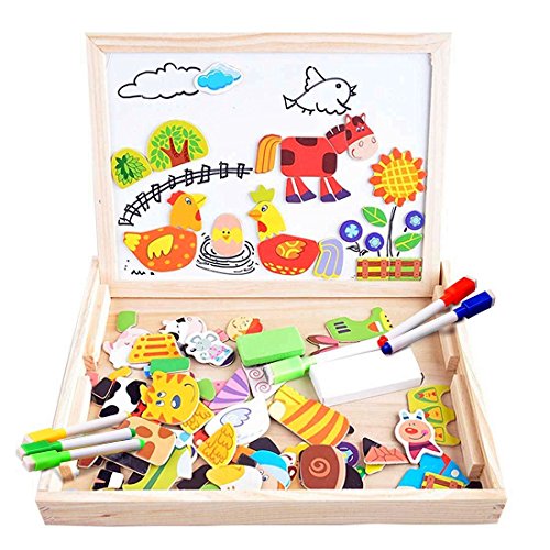 COOLJOY Puzzles Rompecabezas Magnéticos de Madera Juguete Educativo Tablero de Dibujo de Doble Cara para Niños Niña 3 Años 4 Años 5 Años - Acerca de 100 Piezas (Granja)