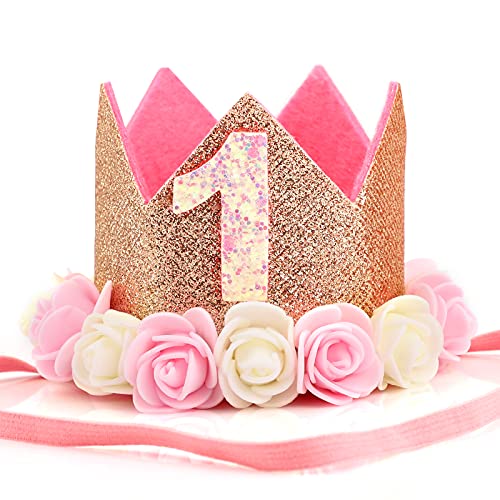 Corona de Cumpleaños 1 año Corona de Princesa Bebé Sombrero Corona Cumpleaños Corona de Tiara Princesa Glitter Corona de Cumpleaños con Diadema Elástica Sombreros de Fiesta con Rosa Decoración Oro