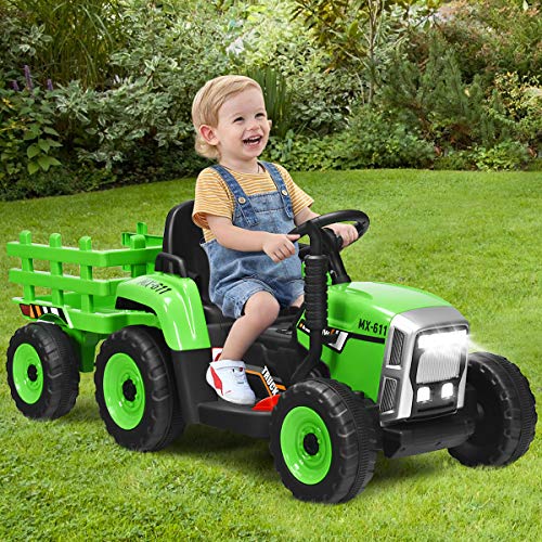 COSTWAY Tractor con Remolque 12V, 3 Velocidades y Control Remoto 2,4G Juguete Tractor con Luces LED, Música,USB y Bluetooth para Niños Mayores de 3 Años (Verde)