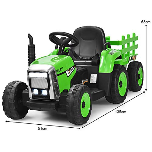 COSTWAY Tractor con Remolque 12V, 3 Velocidades y Control Remoto 2,4G Juguete Tractor con Luces LED, Música,USB y Bluetooth para Niños Mayores de 3 Años (Verde)