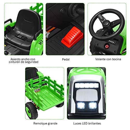 COSTWAY Tractor con Remolque 12V, 3 Velocidades y Control Remoto 2,4G Juguete Tractor con Luces LED, Música,USB y Bluetooth para Niños Mayores de 3 Años (Verde)