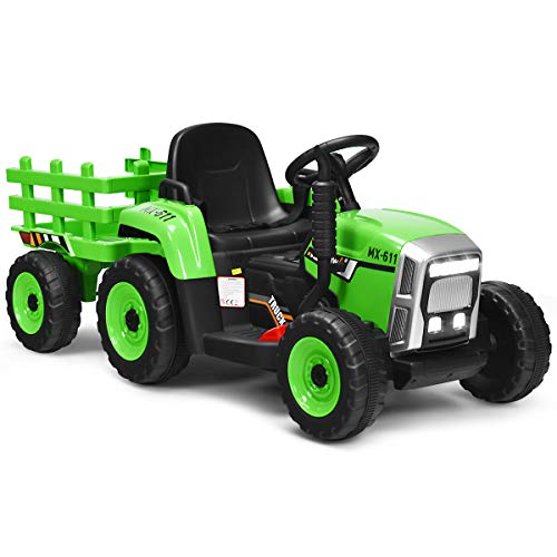 COSTWAY Tractor con Remolque 12V, 3 Velocidades y Control Remoto 2,4G Juguete Tractor con Luces LED, Música,USB y Bluetooth para Niños Mayores de 3 Años (Verde)