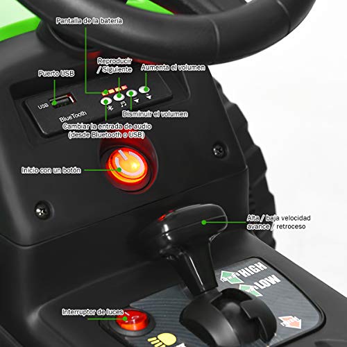 COSTWAY Tractor con Remolque 12V, 3 Velocidades y Control Remoto 2,4G Juguete Tractor con Luces LED, Música,USB y Bluetooth para Niños Mayores de 3 Años (Verde)