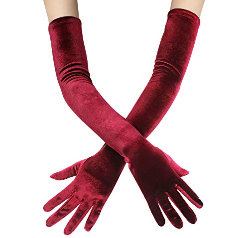 Coucoland Guantes de mujer de satén, clásicos, para fiestas, Audrey Hepburn, 1920s, largos, elásticos Velvet - Copa de vino (55 cm), color rojo Talla única