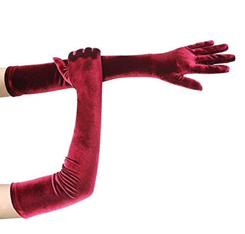 Coucoland Guantes de mujer de satén, clásicos, para fiestas, Audrey Hepburn, 1920s, largos, elásticos Velvet - Copa de vino (55 cm), color rojo Talla única