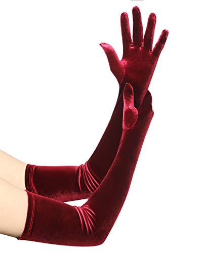 Coucoland Guantes de mujer de satén, clásicos, para fiestas, Audrey Hepburn, 1920s, largos, elásticos Velvet - Copa de vino (55 cm), color rojo Talla única