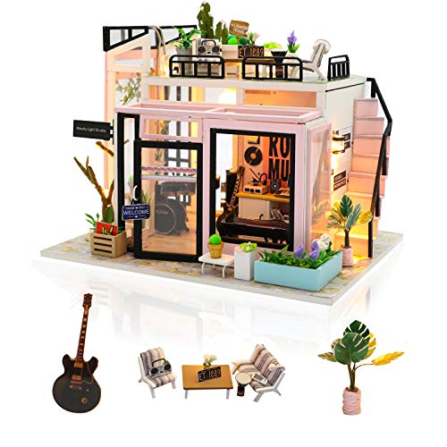 Cuteefun Casa Miniatura para Montar DIY Adultos Mini Habitación Hecha a Mano con Música a Prueba de Polvo y Muebles para Decoración, Regalos Artesanales Creativos para Mujeres (Music Studio)