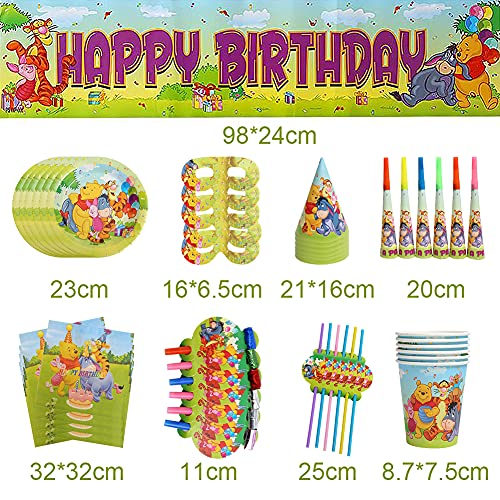 CYSJ Set de Fiesta de Cumpleaños de Winnie The Pooh, 63 Pcs Juego de Cubiertos de Winnie The Pooh,Juego de Suministros para Fiesta de Pancarta de cumpleaños,Cumpleaños Vajilla Set