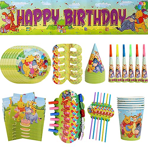 CYSJ Set de Fiesta de Cumpleaños de Winnie The Pooh, 63 Pcs Juego de Cubiertos de Winnie The Pooh,Juego de Suministros para Fiesta de Pancarta de cumpleaños,Cumpleaños Vajilla Set