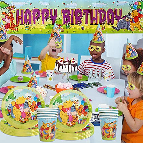 CYSJ Set de Fiesta de Cumpleaños de Winnie The Pooh, 63 Pcs Juego de Cubiertos de Winnie The Pooh,Juego de Suministros para Fiesta de Pancarta de cumpleaños,Cumpleaños Vajilla Set