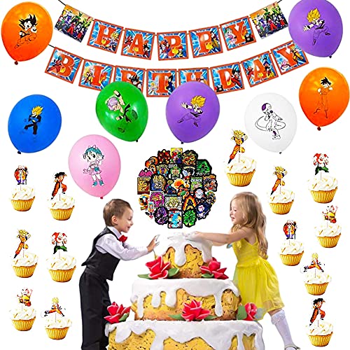 CYSJ Suministros de Fiesta de cumpleaños de Dragon Ball, 89 Pcs Kit de Decoracion Cumpleaños,Las Decoraciones de Dragon Ball Z Incluyen Adorno para Tarta,Adornos para Cupcakes,Pancarta,Globos