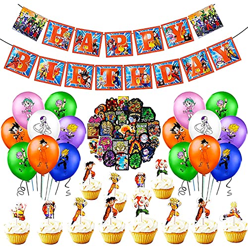 CYSJ Suministros de Fiesta de cumpleaños de Dragon Ball, 89 Pcs Kit de Decoracion Cumpleaños,Las Decoraciones de Dragon Ball Z Incluyen Adorno para Tarta,Adornos para Cupcakes,Pancarta,Globos