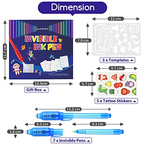 DazSpirit Bolígrafo invisible, 7 bolígrafos uv + 5 plantillas + 5 pegatinas de tatuaje, bolígrafo secreto, boli tinta invisible, detalle cumpleaños infantil, detective, llenador de bolsas de fiesta