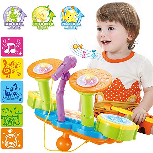 deAO Conjunto Musical de Percusión Instrumentos Electrónicos Infantiles Juego de Imitación Incluye Kit de Tambores, Micrófono, Efectos Sonoros Variados Juguete para Niños y Niñas