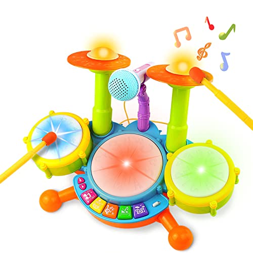 deAO Conjunto Musical de Percusión Instrumentos Electrónicos Infantiles Juego de Imitación Incluye Kit de Tambores, Micrófono, Efectos Sonoros Variados Juguete para Niños y Niñas