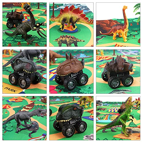 deAO Vehículos Dinosaurio con Propulsión a Fricción Conjunto de 4 Coches, Mapa Jurásico, Figuras de Dinosaurio, Accesorios y Caja de Almacenaje Juego Infantil Portátil