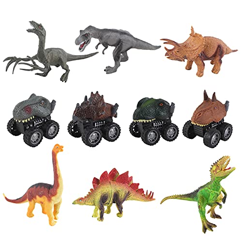 deAO Vehículos Dinosaurio con Propulsión a Fricción Conjunto de 4 Coches, Mapa Jurásico, Figuras de Dinosaurio, Accesorios y Caja de Almacenaje Juego Infantil Portátil