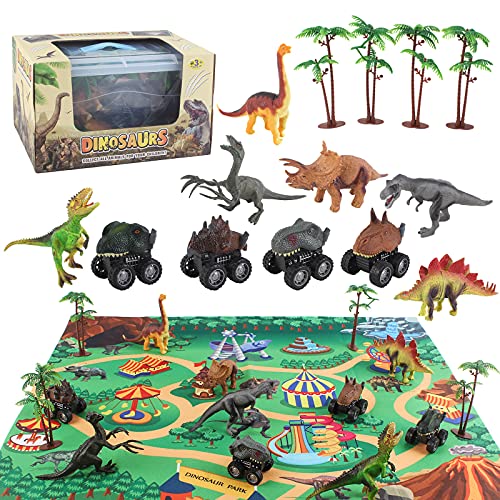 deAO Vehículos Dinosaurio con Propulsión a Fricción Conjunto de 4 Coches, Mapa Jurásico, Figuras de Dinosaurio, Accesorios y Caja de Almacenaje Juego Infantil Portátil