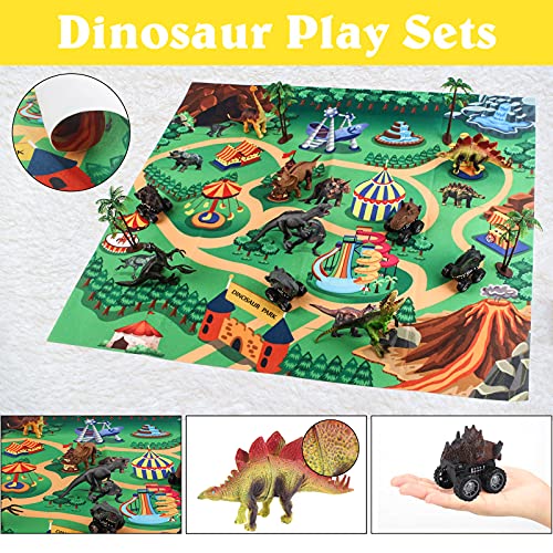 deAO Vehículos Dinosaurio con Propulsión a Fricción Conjunto de 4 Coches, Mapa Jurásico, Figuras de Dinosaurio, Accesorios y Caja de Almacenaje Juego Infantil Portátil