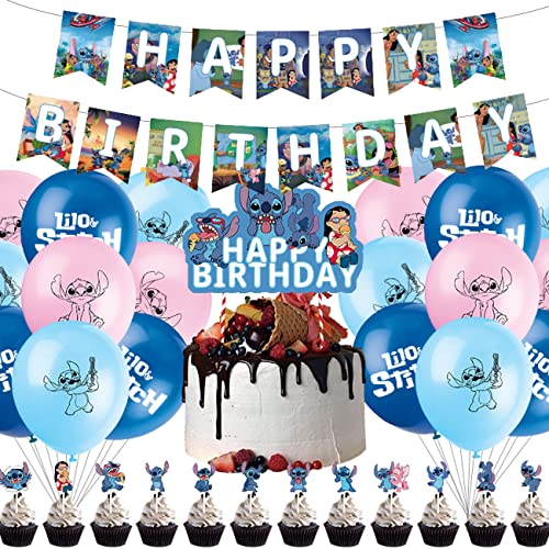 Decoración de fiesta temática de Lilo & Stitch - Miotlsy Suministros de fiesta Stitch de fiesta de cumpleaños, globos, decoración de cupcakes, decoración de fiesta de dibujos animados para niños