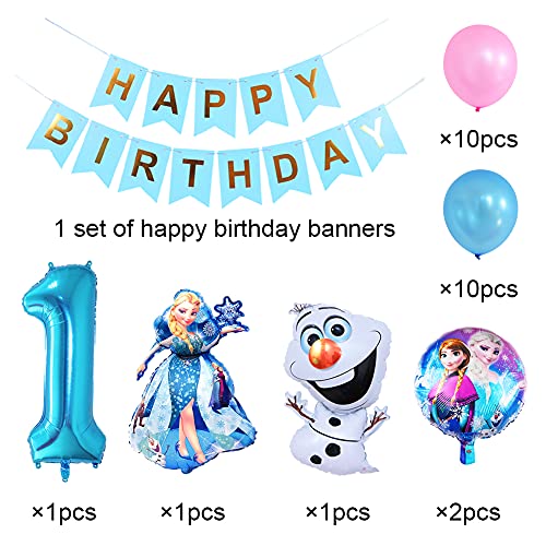 Decoracion Fiesta Frozen, Globos para Fiestas de Niños Decoraciones Fiesta Cumpleaños Copo Nieve con Happy Birthday Bandera para Cumpleaños, Baby Shower