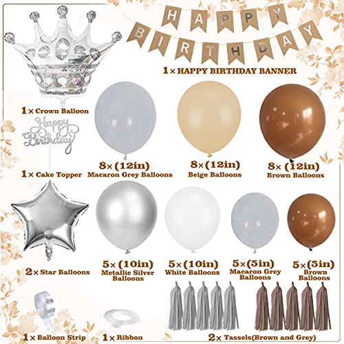 Decoraciones cumpleaños marrones, Globos marrones Globos beige Globos blancos Globos grises Macaron Globos plateados metálicos Banner HAPPY BIRTHDAY Globos estrella corona