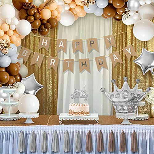 Decoraciones cumpleaños marrones, Globos marrones Globos beige Globos blancos Globos grises Macaron Globos plateados metálicos Banner HAPPY BIRTHDAY Globos estrella corona