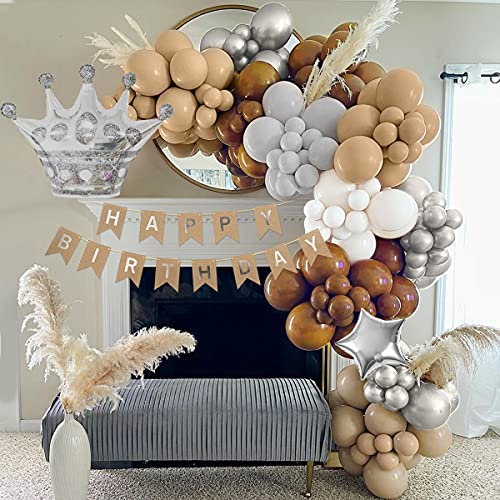 Decoraciones cumpleaños marrones, Globos marrones Globos beige Globos blancos Globos grises Macaron Globos plateados metálicos Banner HAPPY BIRTHDAY Globos estrella corona