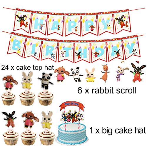 Decoraciones para fiesta de cumpleaños de Bing Bing Bunny Banner de feliz cumpleaños Bunny Cake Toppers Bing Bunny Colgante Remolino Suministros para fiestas Decoraciones