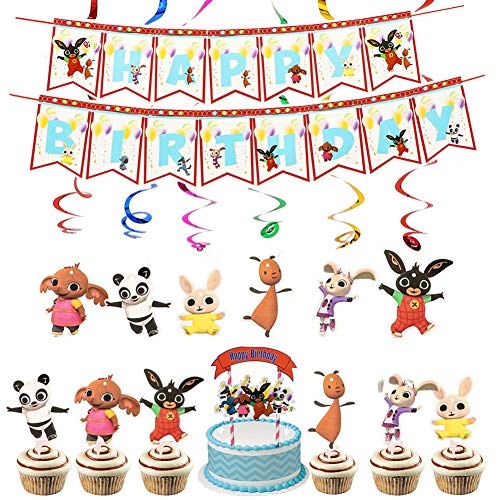 Decoraciones para fiesta de cumpleaños de Bing Bing Bunny Banner de feliz cumpleaños Bunny Cake Toppers Bing Bunny Colgante Remolino Suministros para fiestas Decoraciones